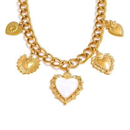 18K Golden Plated Stainless Steel Resin Heart Love Drop Necklace Cuban Chain Texture Charm Popular Jewelry 2025
