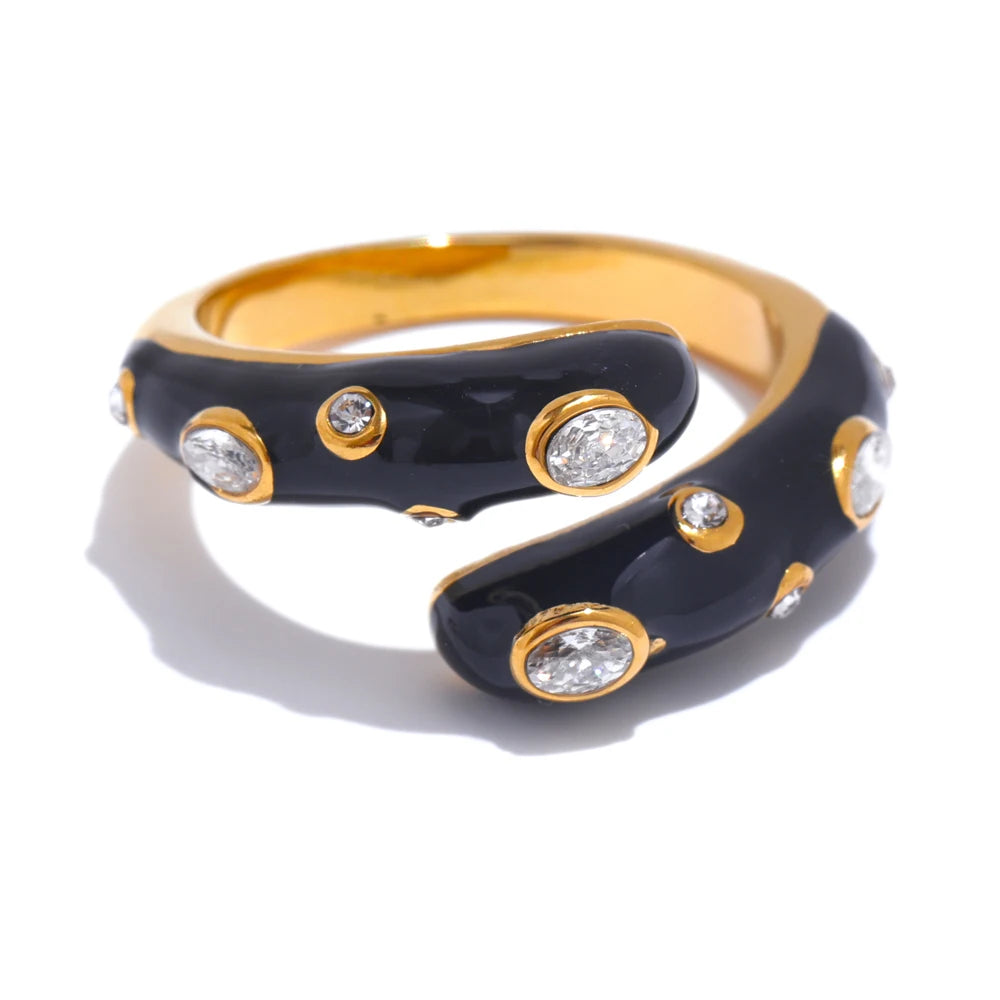 Adjustable Candy Y2K Blue White Black Pink Enamel Cubic Zirconia Exquisite Open Ring Golden Stainless Steel Jewelry Gift