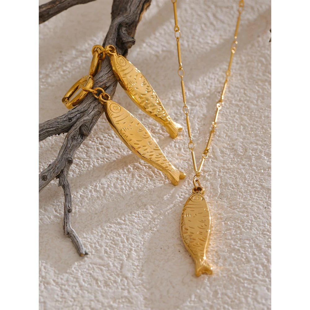 Wholesale Ocean Stainless Steel Metal Fish Pendant Necklace Earrings Rust Proof Golden PVD Plated Trendy Fashion Jewelry