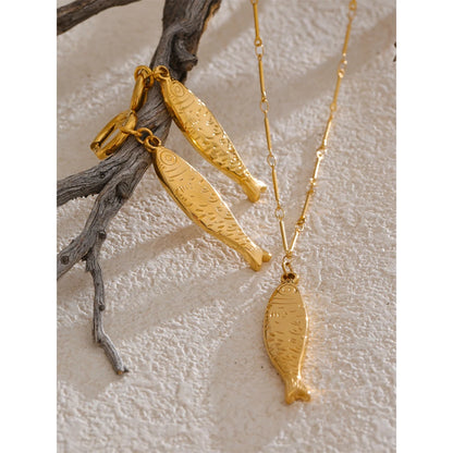 Wholesale Ocean Stainless Steel Metal Fish Pendant Necklace Earrings Rust Proof Golden PVD Plated Trendy Fashion Jewelry