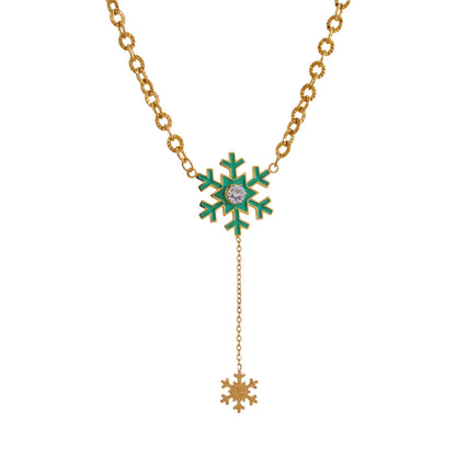 Christmas Green Enamel Snowflake Chic Fashion Season Necklace Waterproof Jewelry for Women Gift