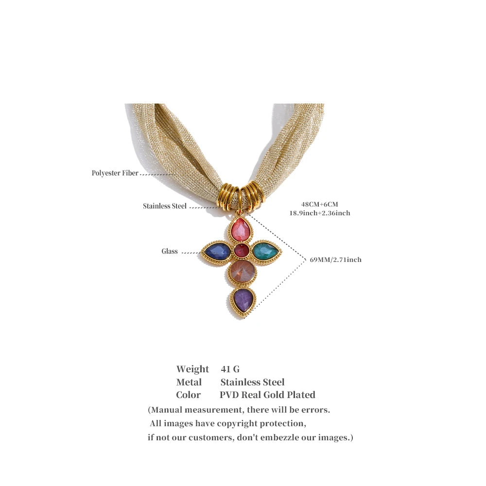 White Colorful Shiny Glass Cross Pendant Necklace for Women Stainless Steel Polyester Chain Exquisite Jewelry Gift