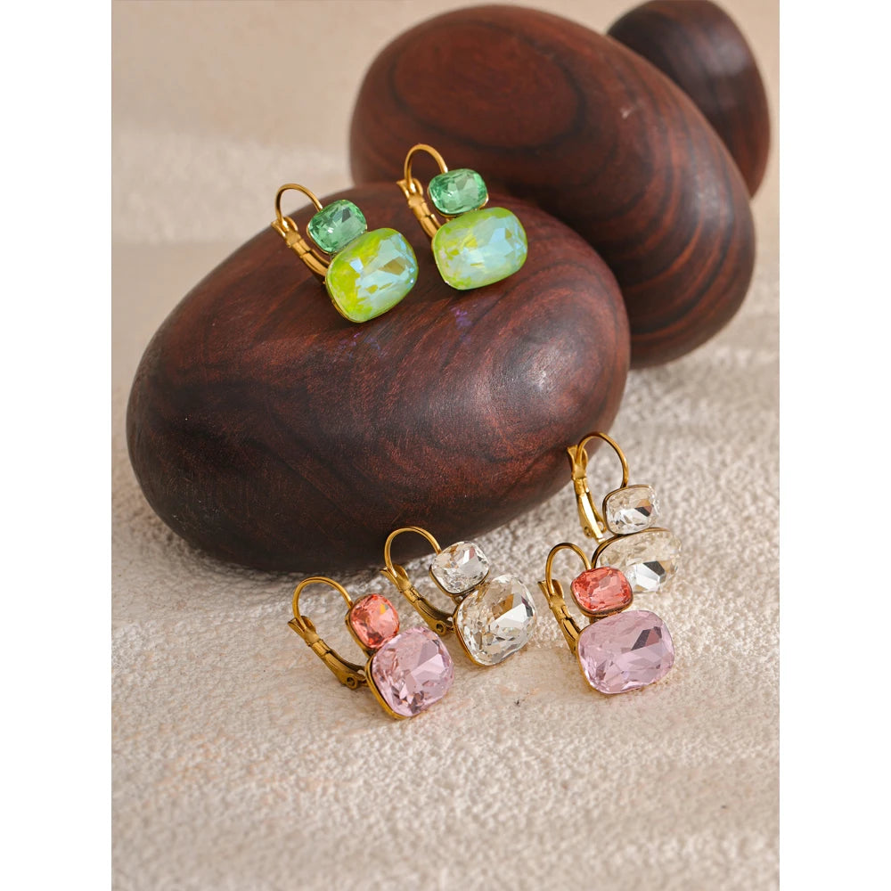 Fashion Crystal Candy Stud Earrings French Hoops Trendy White Green Pink Y2K Summer Jewelry for Women 18k PVD Plated