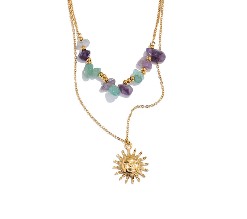 2025 Natural Stone Double-Layer Chain Sun Pendant Necklace for Women 316L Stainless Steel Handmade Jewelry Gift
