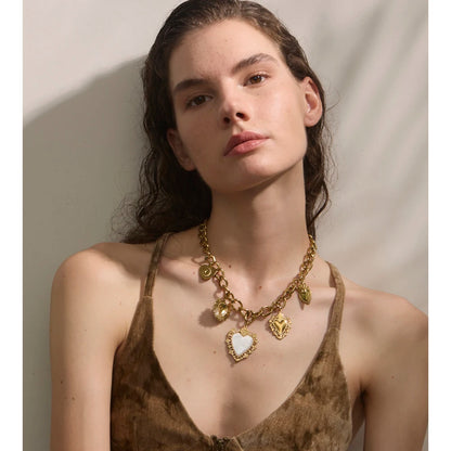 18K Golden Plated Stainless Steel Resin Heart Love Drop Necklace Cuban Chain Texture Charm Popular Jewelry 2025