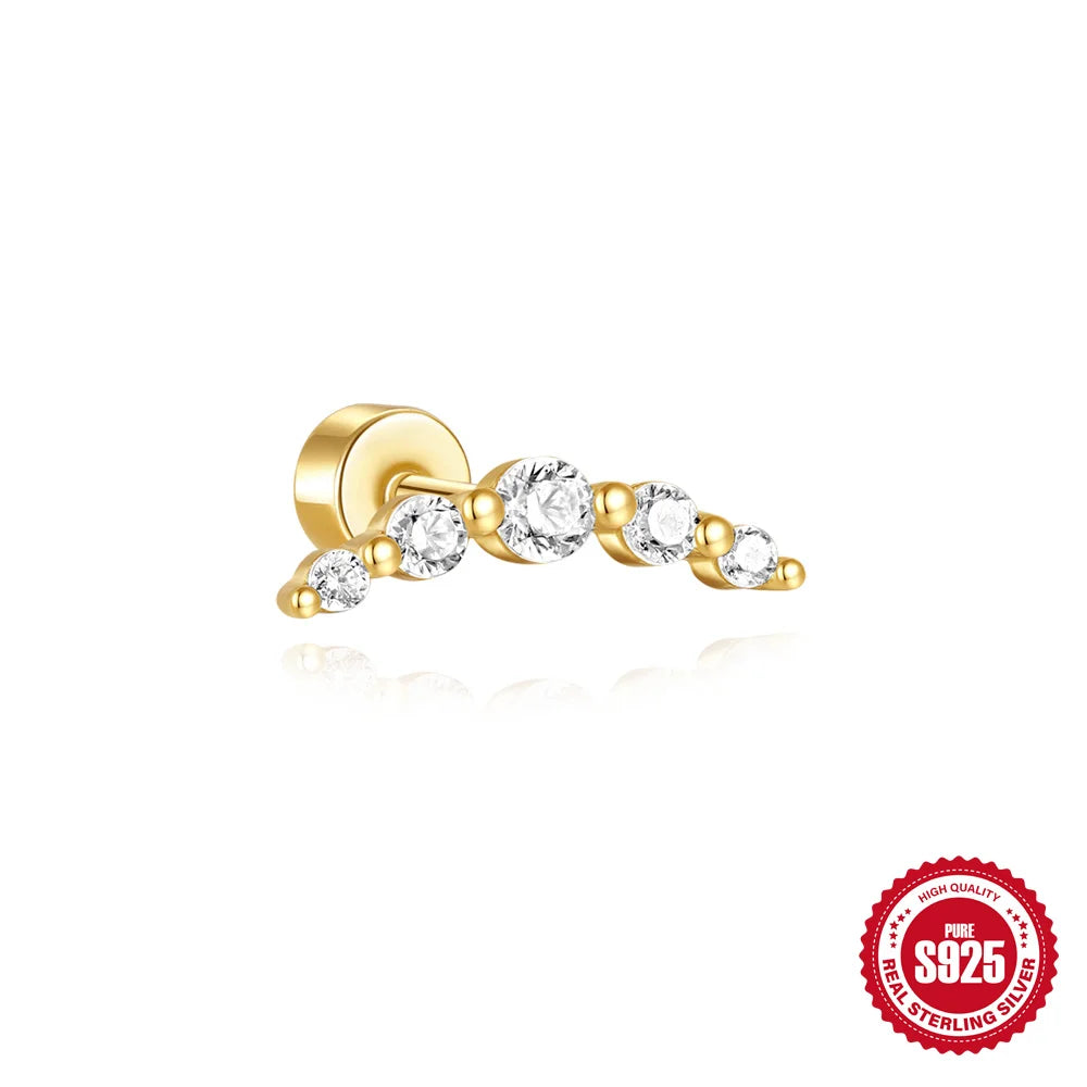CANNER 1Pc 925 Silver Smooth Stars Moon Stud Earrings For Women 18K Gold Flat Head Threaded Puncture Ear Bone Ins Fine Jewelry