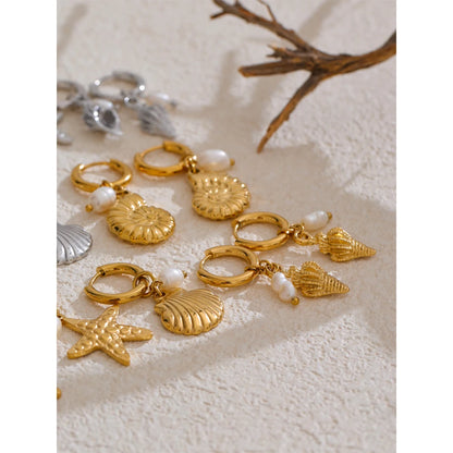 Ocean Style Natural Pearl Conch Shell Starfish Drop Summer Hoop Earrings for Women Stainless Steel Holiday Daily Jewelry
