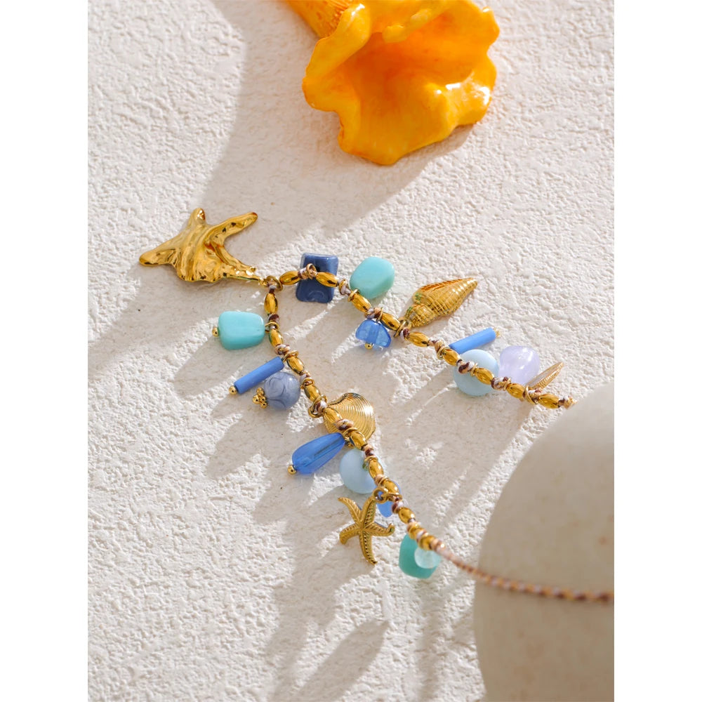 Ocean Style Handmade Jewelry Exquisite Blue Resin Metal Starfish Shell Drop Collar Necklace Stainless Steel Accessories