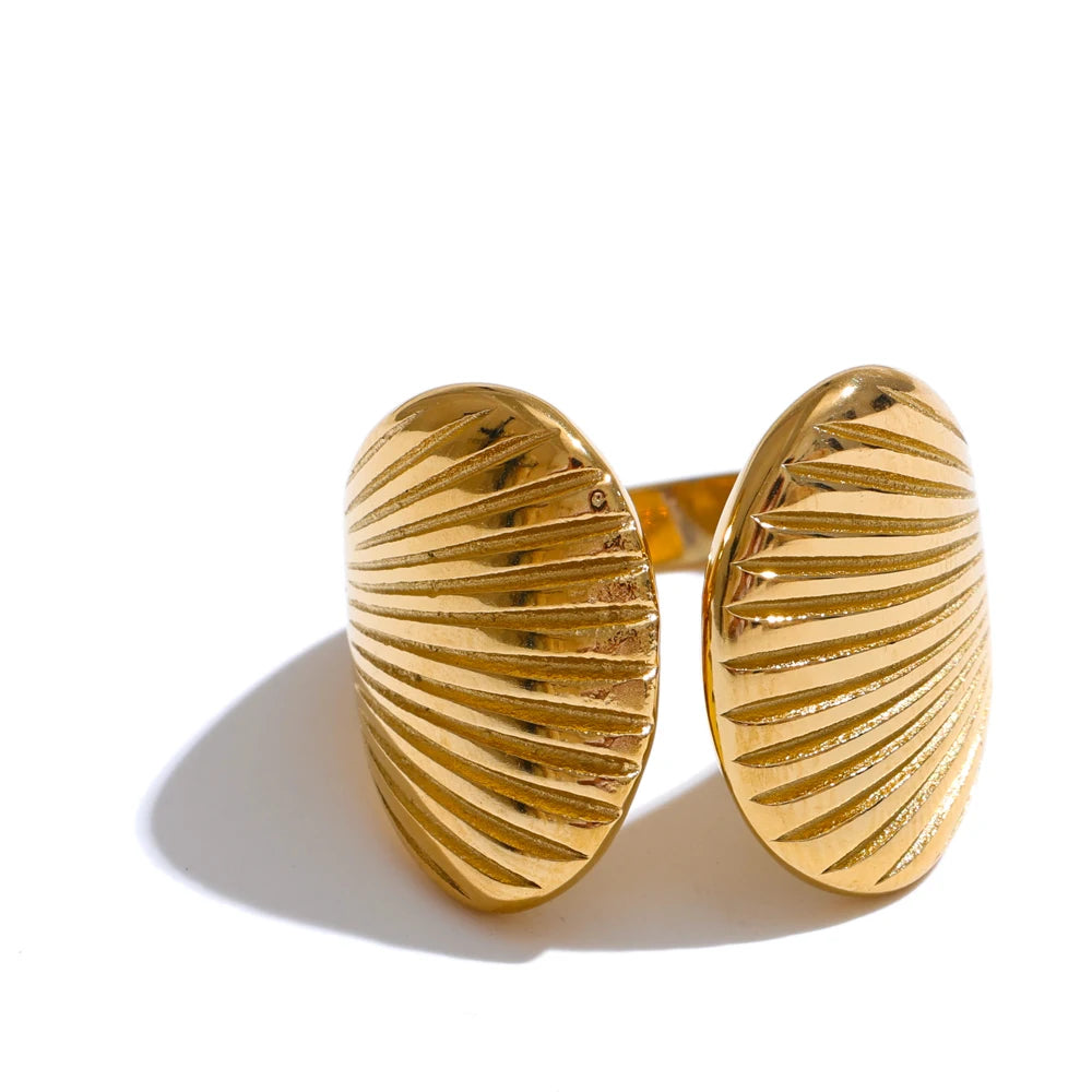High Quality Stainless Steel Metal Shell Stripe Geometric Open Adjustable Ring Texture Fashion Summer Holiday Jewelry