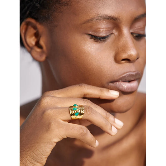 Green Natural Stone Stainless Steel 18k Gold Plated Metal Fashion Wide Ring Charm Texture Waterproof Jewelry for Women