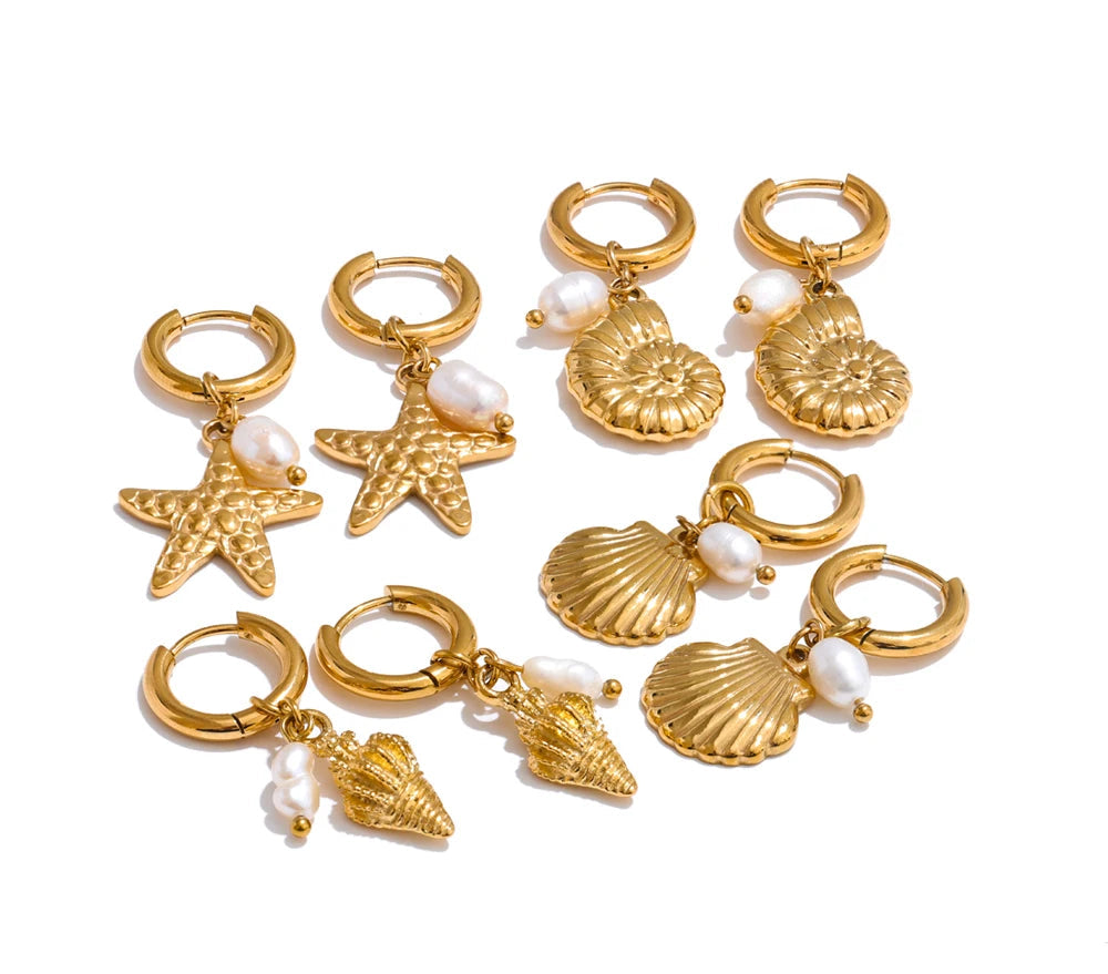 Ocean Style Natural Pearl Conch Shell Starfish Drop Summer Hoop Earrings for Women Stainless Steel Holiday Daily Jewelry