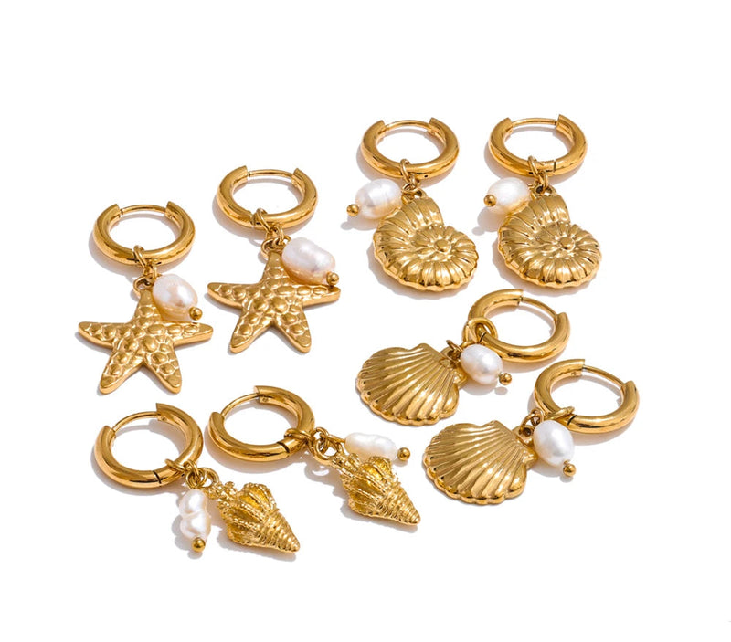 Ocean Style Natural Pearl Conch Shell Starfish Drop Summer Hoop Earrings for Women Stainless Steel Holiday Daily Jewelry