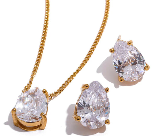 Delicate Shiny Cubic Zirconia Stainless Steel Water Drop Pendant Necklace Stud Earrings Waterproof Jewelry Chic Party Gift