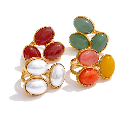 Natural Aventurine Agate Stone Shell Pearl Flower Adjustable Ring Fashion Stainless Steel Charm Finger Jewelry Accessories