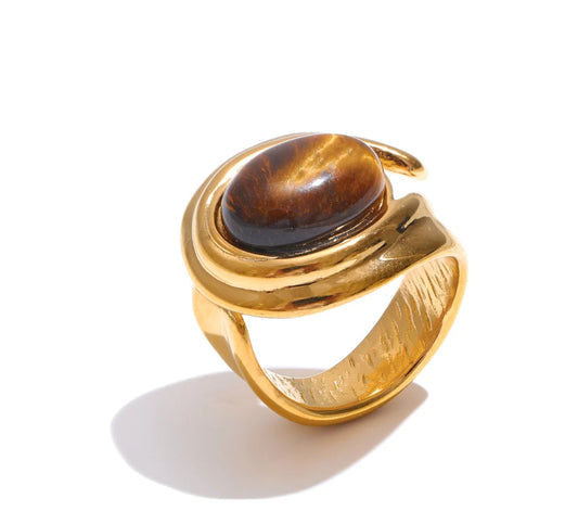 Popular Stainless Steel Natural Tiger Stone Finger Ring Gold Silver Color Waterproof Geometric Charm Jewelry