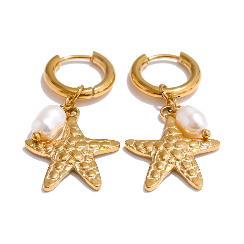 Ocean Style Natural Pearl Conch Shell Starfish Drop Summer Hoop Earrings for Women Stainless Steel Holiday Daily Jewelry