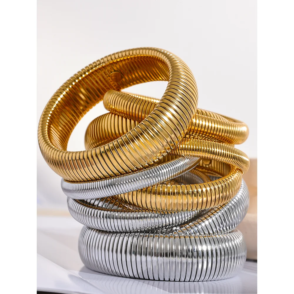 Waterproof Stainless Steel Elastic Thick Metal Bracelet Bangle 18K Gold Plated Trend Fashion Unisex Jewelry Men Women