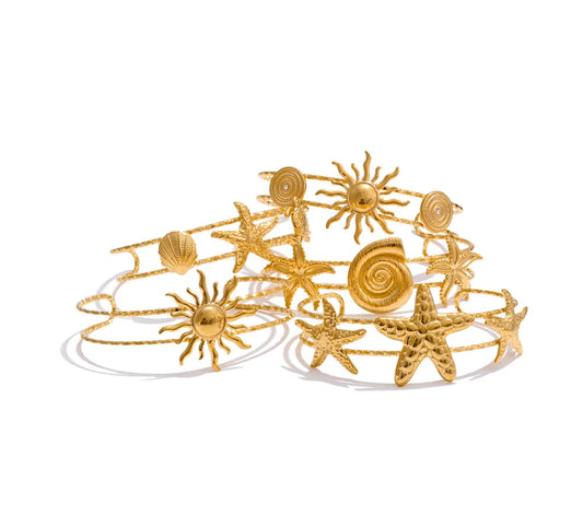 Ocean Series Golden PVD Starfish Shell Sun Cuff Bracelet Open Wrist Jewelry Stainless Steel Bangle for Summer Holiday