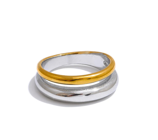 6789# Statement Stainless Steel Metal Double Color Geometric Casting Ring for Women Water Resistant Trendy Jewelry Gift