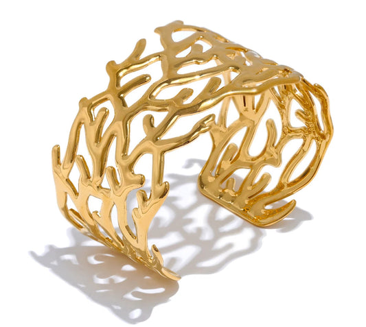 Statement Stainless Steel Twig Geometric Hollow Wide Cuff Big Bracelet Bangle for Women Waterproof Large Jewelry