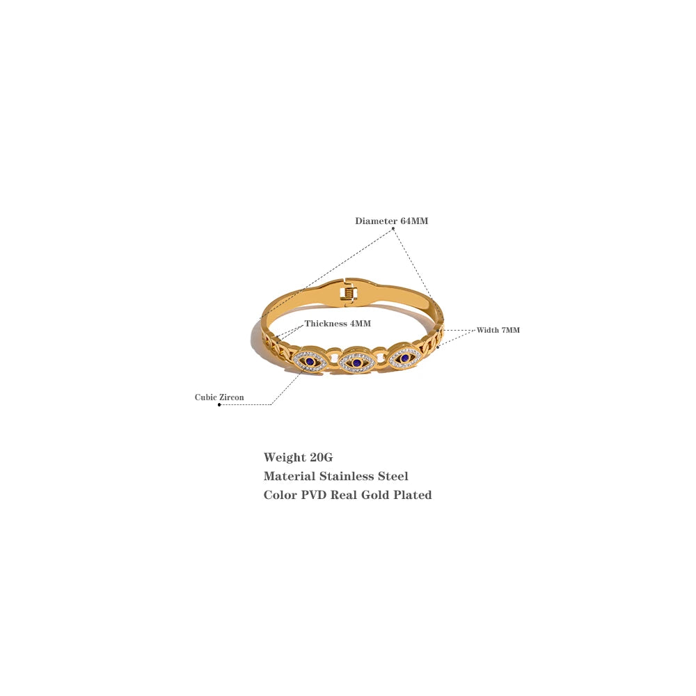 Charm Turkish Evil Eye Stainless Steel Statement Bangle Bracelet Trendy Fashion Zircon Waterproof Gold Color Jewelry