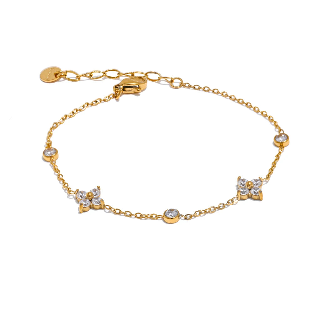Delicate Cubic Zirconia Flower Chain Thin Bracelet Bangle Stainless Steel Rust Proof Office Ladies Chic Jewelry New Gift