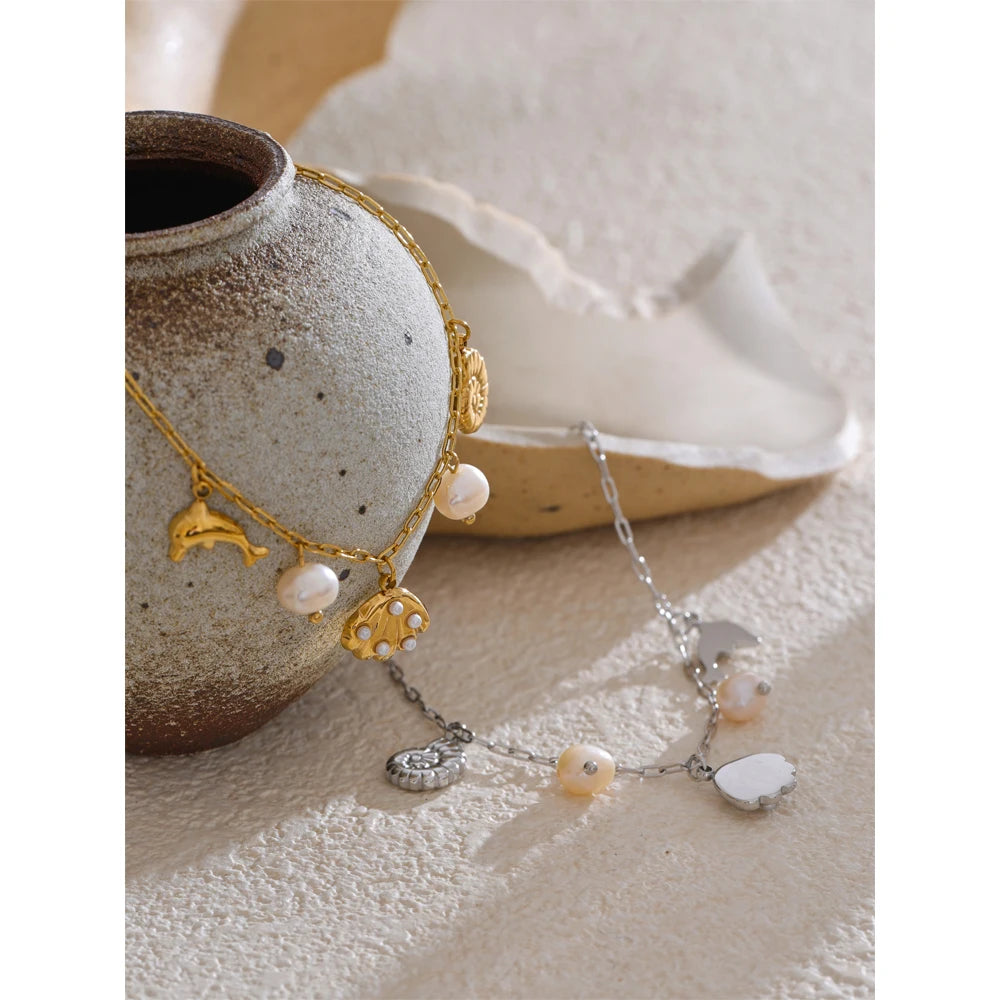 Ocean Style Stainless Steel Shell Conch Dolphin Pearls Drop Charm Anklet Fashion Exquisite Jewelry Bijoux Femme