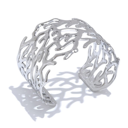 Statement Stainless Steel Twig Geometric Hollow Wide Cuff Big Bracelet Bangle for Women Waterproof Large Jewelry