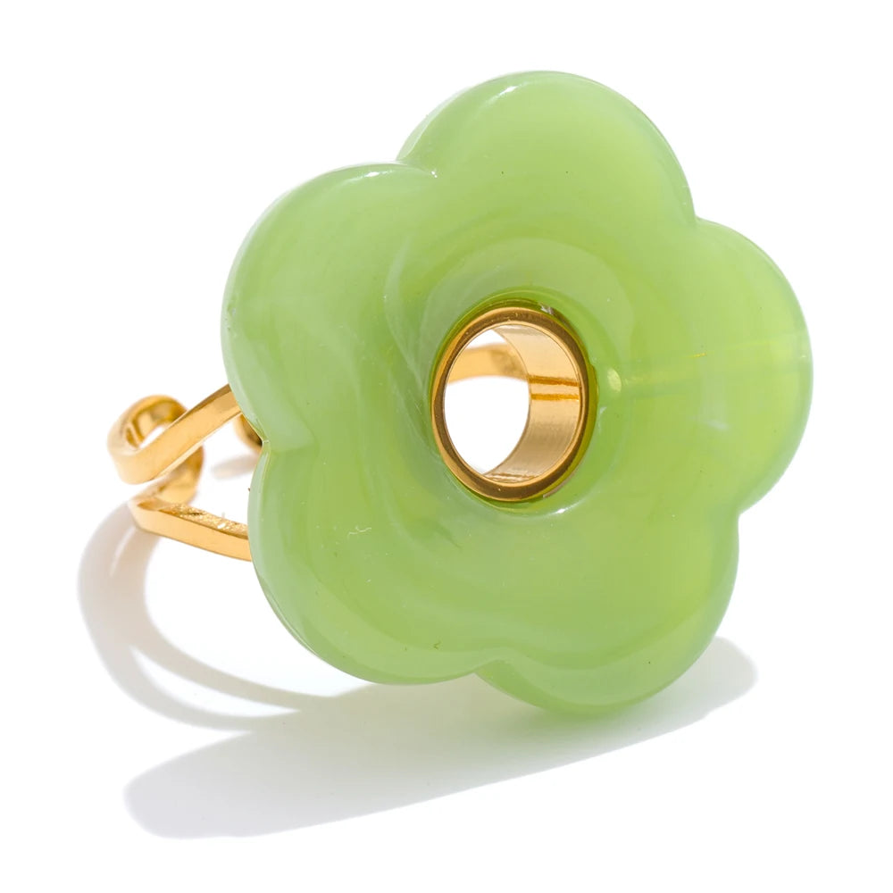 Pink Green Yellow Grey Thick Resin Flower Adjustable Ring 18K Golden Plated Stainless Steel Y2K Arrivals Popular Jewelry