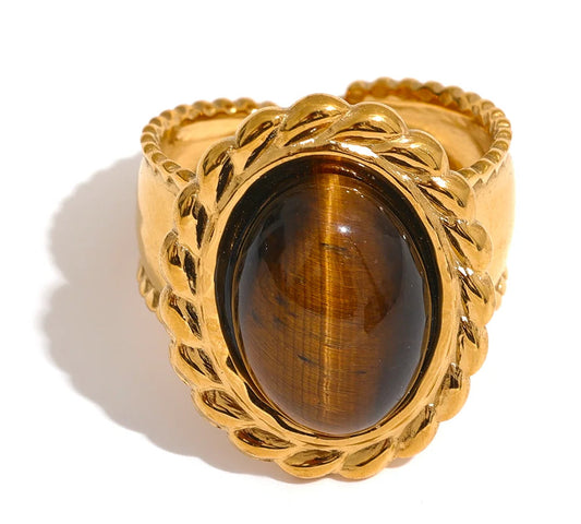 Stainless Steel Wide Chunky Ring Inlaid Tiger Natural Stone Jewelry Trend Europe Bijoux Vintage Stylish Statement