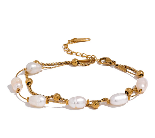 Natural Pearls Double Layer Chain Stainless Steel Charm Bracelet Bangle Women Stylish Summer Jewelry Waterproof