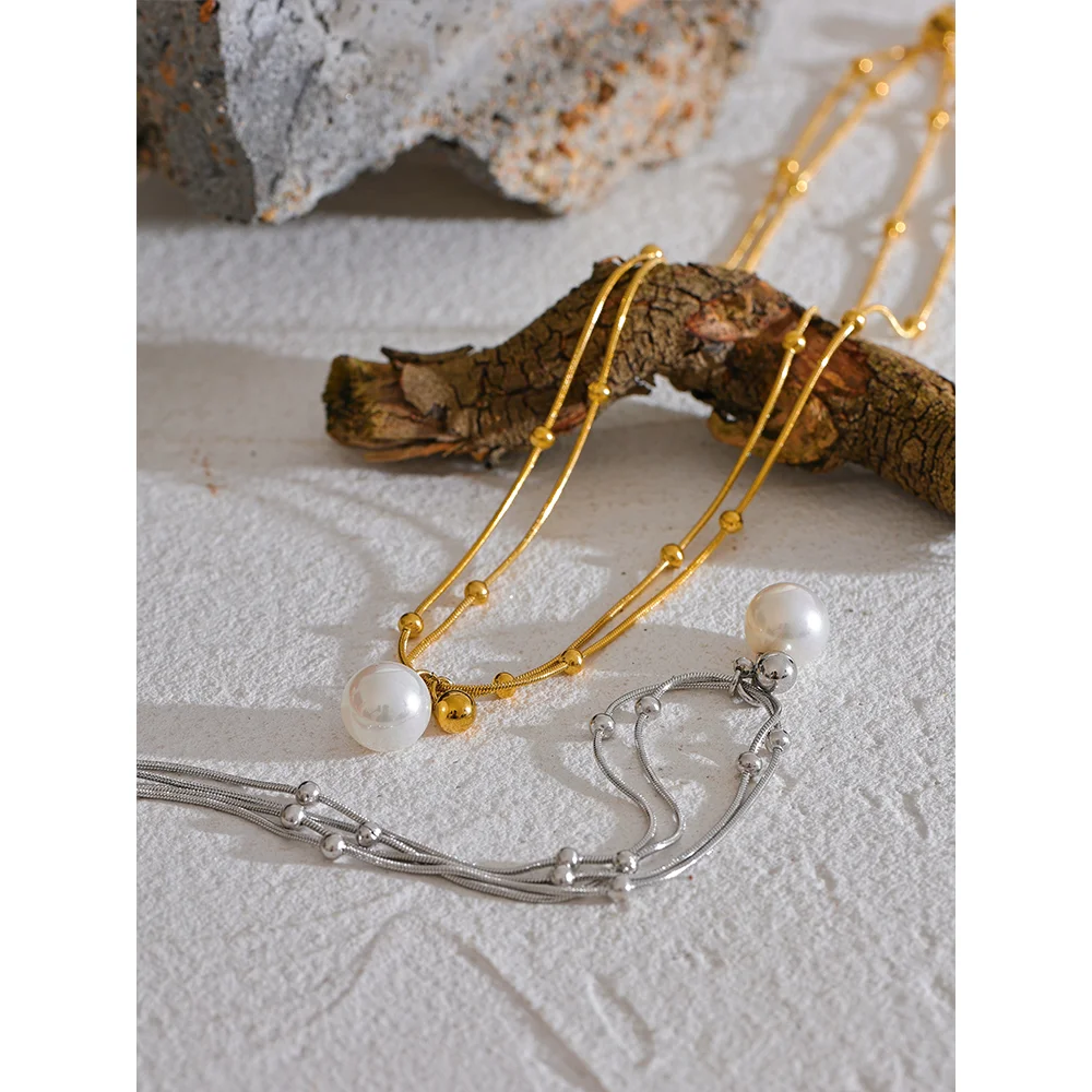 Elegant Imitation Pearls Stainless Steel Round Beads Chain Pendant Necklace for Women Gold Silver Color Korean Jewelry
