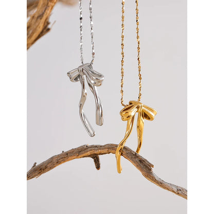 316L Stainless Steel Bow Knot Necklace Pendant 18K Gold & Platinum PVD Plated Metal Charm Fashion Trendy Jewelry