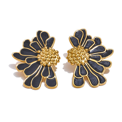 Big White Black Enamel Flower Statement Fashion Stud Earrings 18K Gold Color PVD Plated Stainless Steel Jewelry Gift