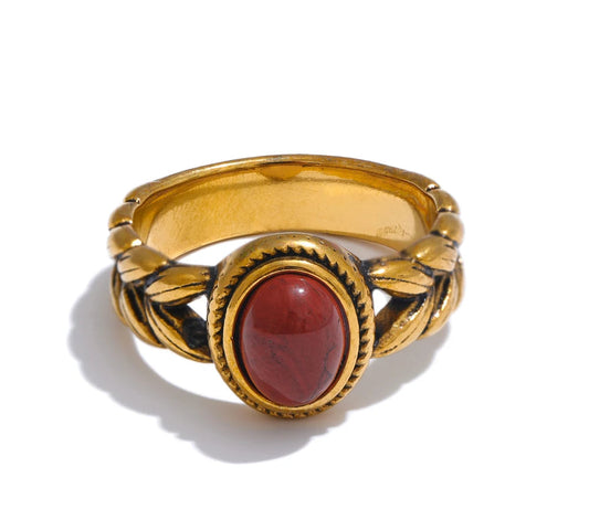 Retro Stainless Steel Red Gold Color Smearing Black Natural Stone Ring 18K PVD Plated Rust Proof Vintage Finger Jewelry