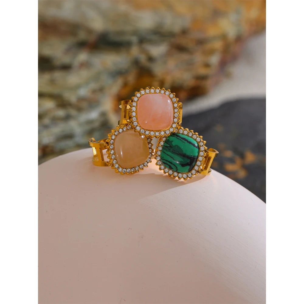 Natural Pink Crystal Stone Malachite Zircon Square Open Ring for Women Stainless Steel High Quality Finger Jewelry Gift