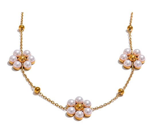 Fashion Imitation Pearls Handmade Flower Beads Chain Necklace Women 18K Gold Color PVD Stainless Steel Jewelry Waterproof