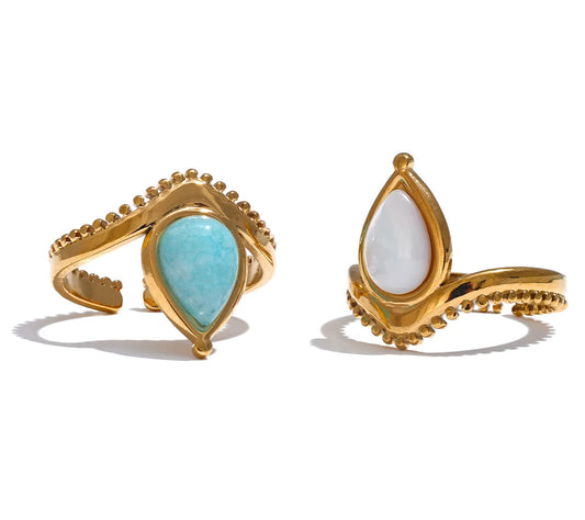 Blue White Natural Stone Shell Amazonite France Adjustable Open Ring Stainless Steel Charm Daily Fashion Jewelry Gift
