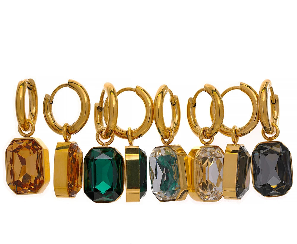 Stainless Steel Cubic Zirconia Drop Dangle Charms Trendy Earrings 18k-gold-plated Green Square Geometric Earring Jewelry