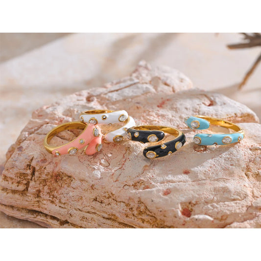 Adjustable Candy Y2K Blue White Black Pink Enamel Cubic Zirconia Exquisite Open Ring Golden Stainless Steel Jewelry Gift