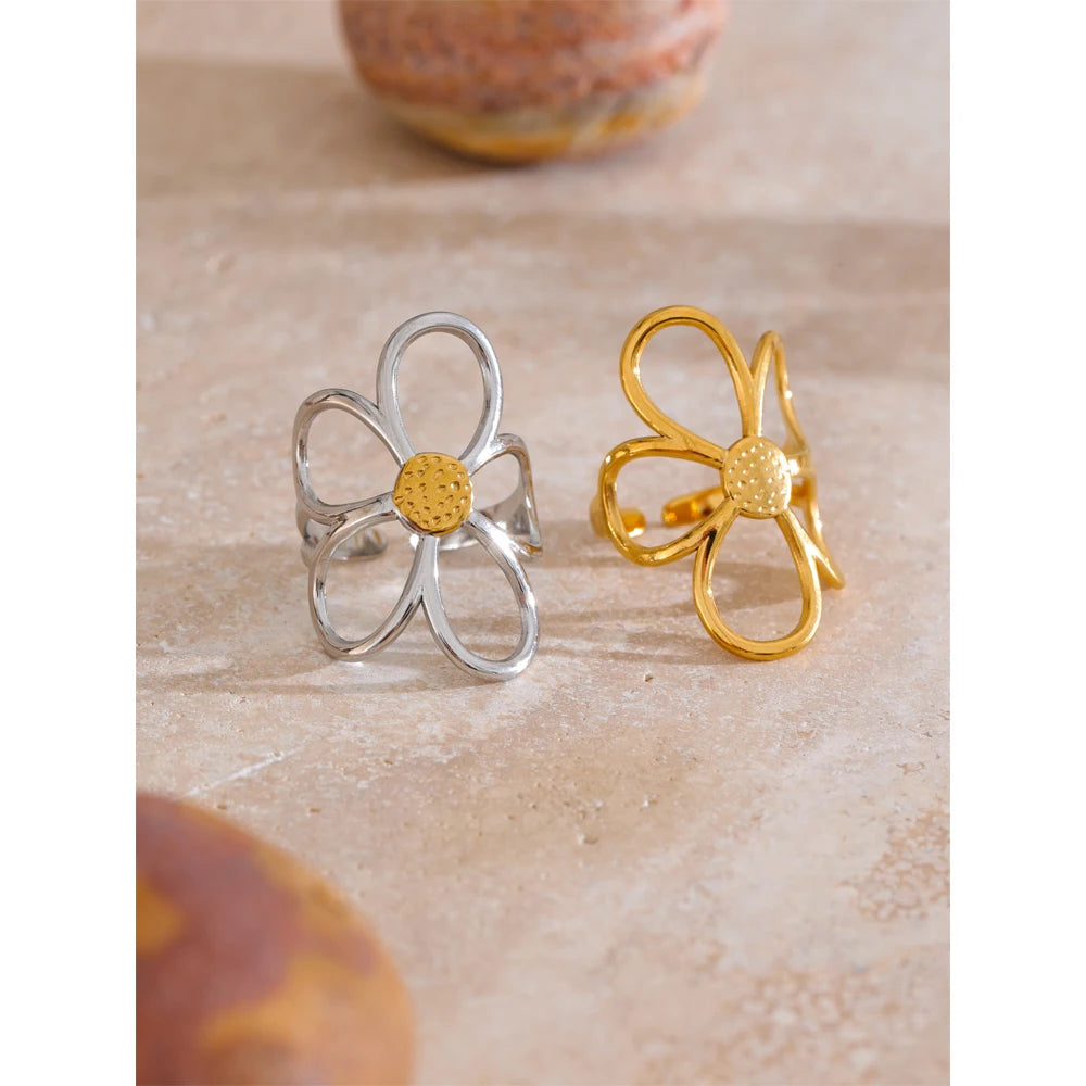 Trendy Stainless Steel Metal Flower Adjustable Fashion Finger Ring Rust Proof Attractive Daily Jewelry Accessories Gift