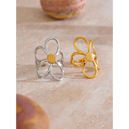 Trendy Stainless Steel Metal Flower Adjustable Fashion Finger Ring Rust Proof Attractive Daily Jewelry Accessories Gift