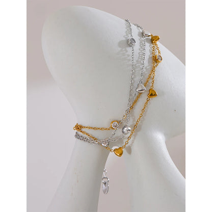 Delicate Chain Heart Zircon Double Layer Stacking Bracelet Bangle Chic Summer Stainless Steel Waterproof Jewelry Gift