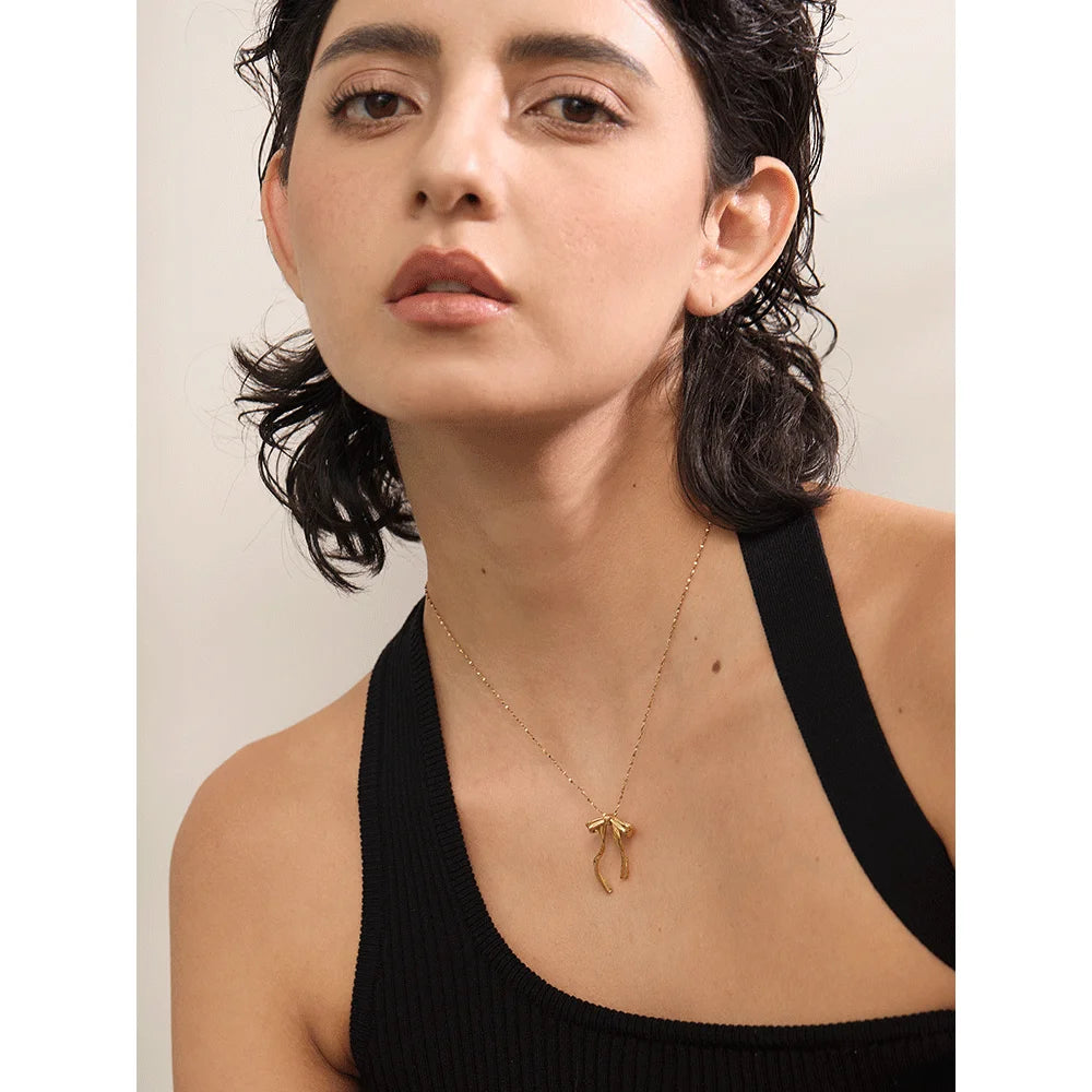 316L Stainless Steel Bow Knot Necklace Pendant 18K Gold & Platinum PVD Plated Metal Charm Fashion Trendy Jewelry