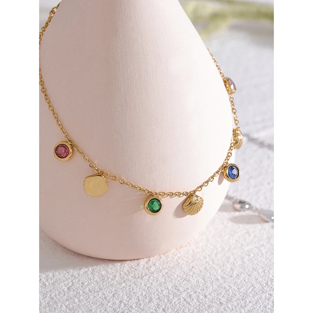 Colorful Shiny Cubic Zirconia Shell Stainless Steel Summer Anklet Fashion Trendy Foot Chain Jewelry for Women Bijoux Femme
