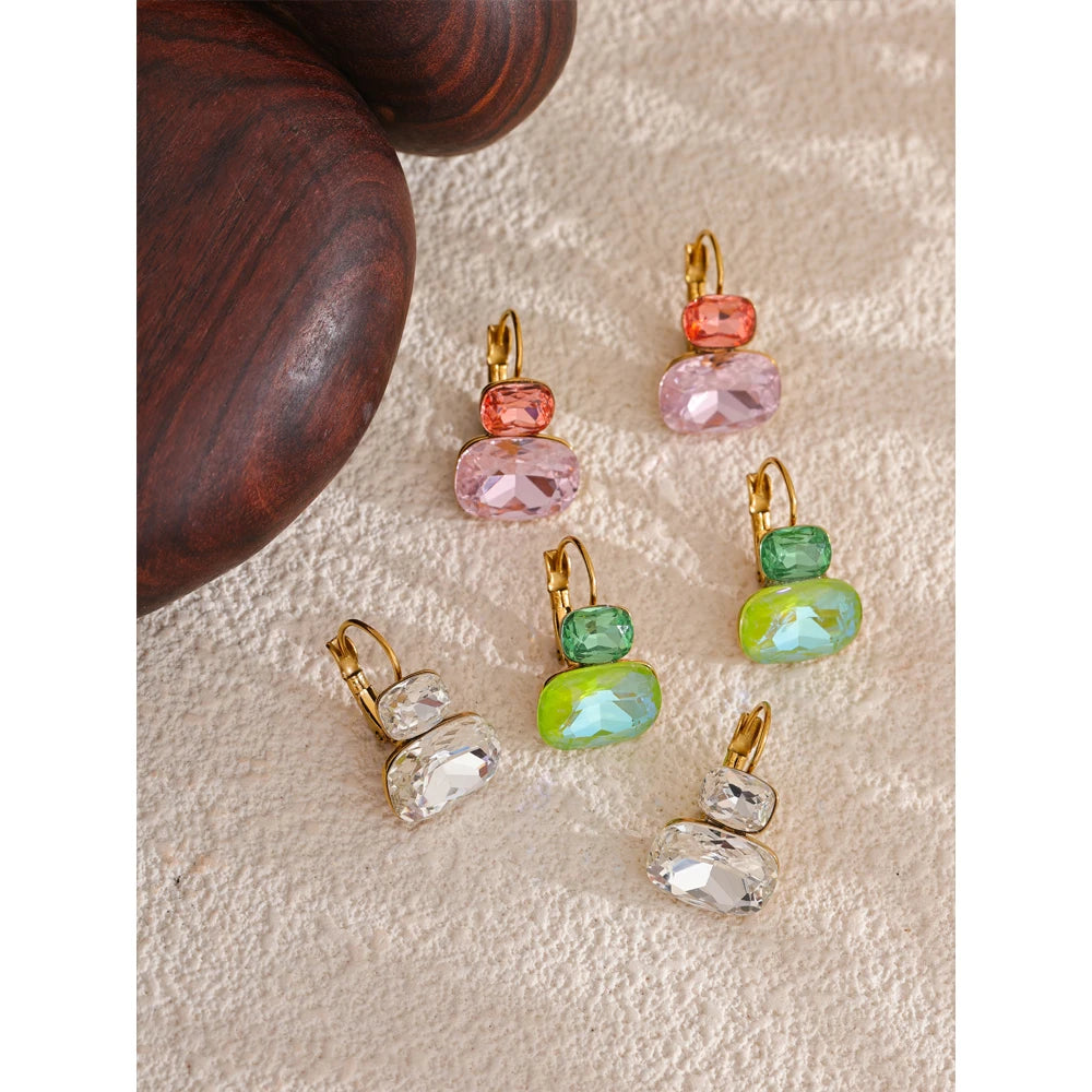 Fashion Crystal Candy Stud Earrings French Hoops Trendy White Green Pink Y2K Summer Jewelry for Women 18k PVD Plated