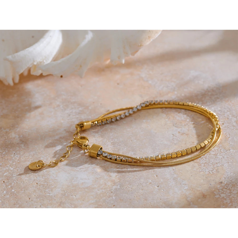 Stainless Steel Shiny Cubic Zirconia Layered Chain Stacking Bracelet Bangle Waterproof Women High Quality Fashion Jewelry