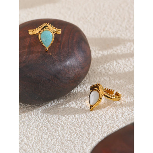 Blue White Natural Stone Shell Amazonite France Adjustable Open Ring Stainless Steel Charm Daily Fashion Jewelry Gift