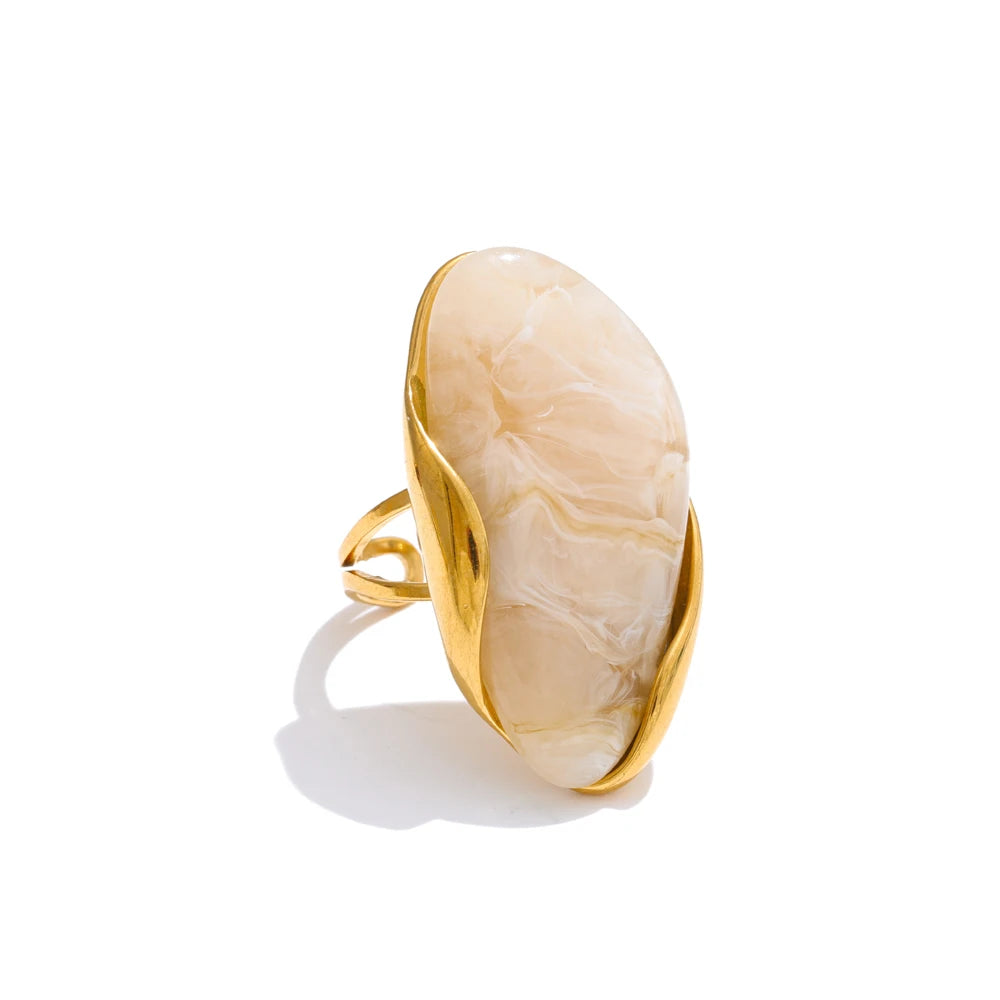 New Design Brown Green Beige Resin Geometric Adjustable Ring Golden PVD Stainless Steel Rust Proof Finger Jewelry Gift