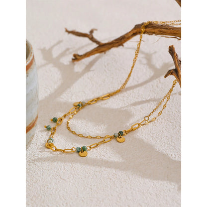 Exquisite Stainless Steel Green Natural Stone Double-Layer Chain Stacking Necklace for Women High Quality Jewelry Gift